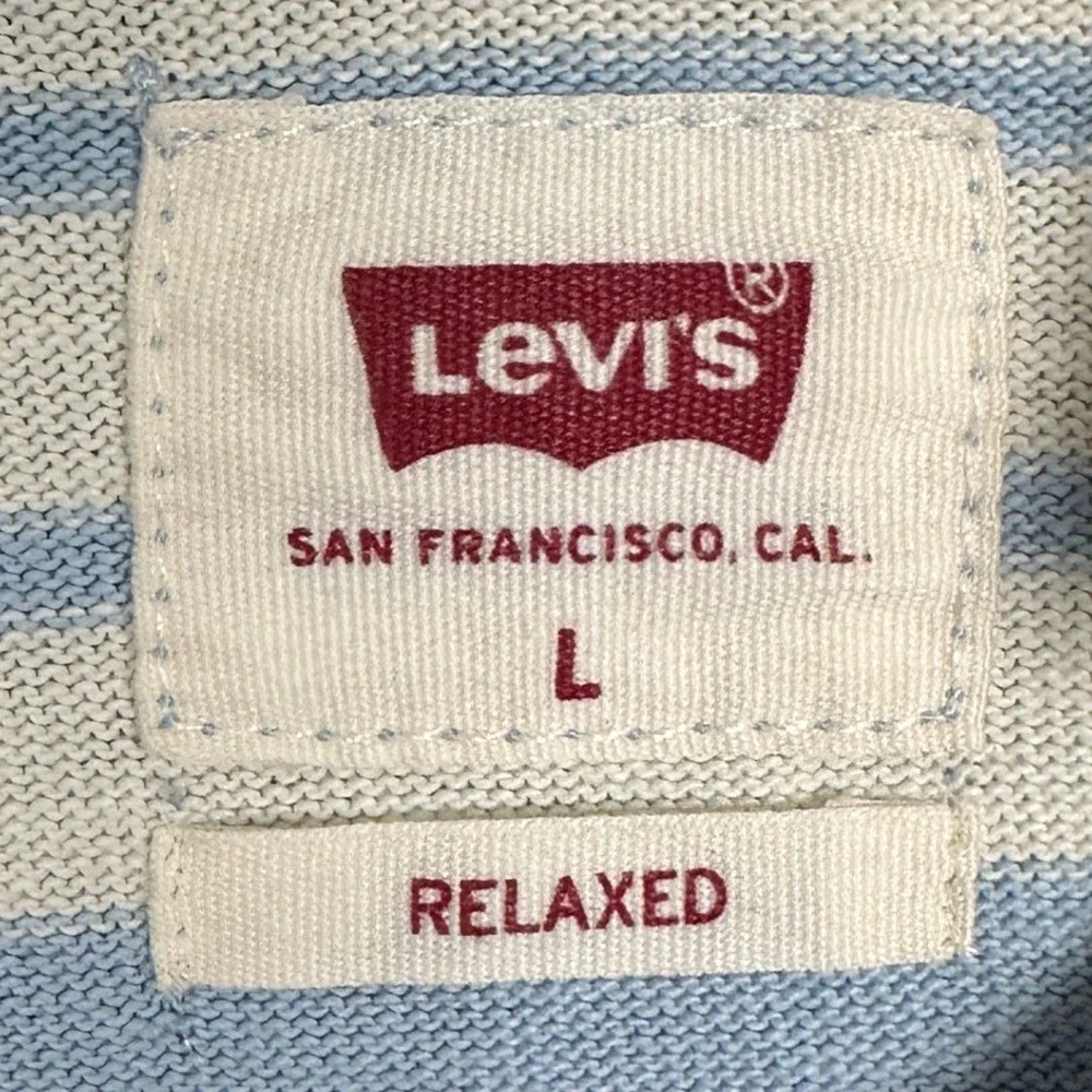 NEW Levis Rugby Shirt Mens Large Relaxed Light Blue White Striped Long Sleeve